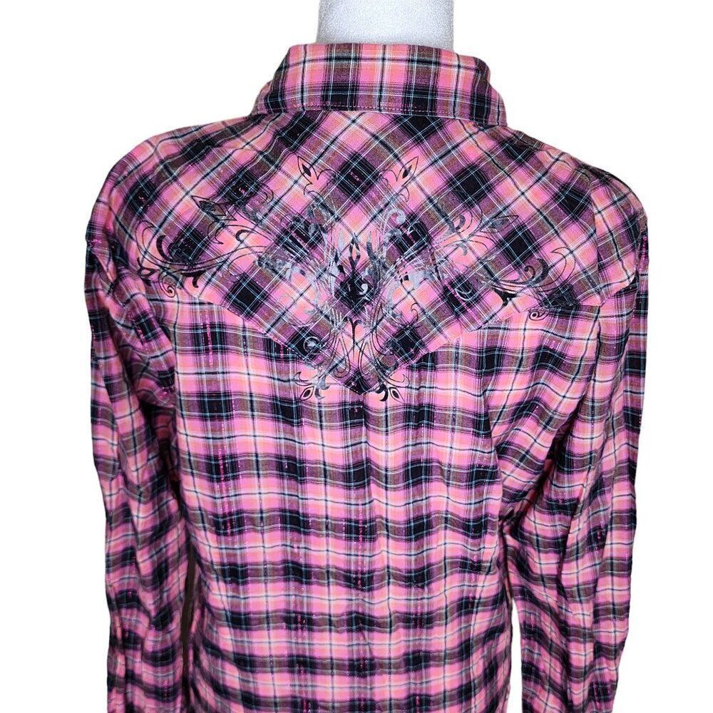 Wrangler Long Sleeve Snap Plaid Shirt Womens Size M Pink Western Cowboy - Picture 5 of 10
